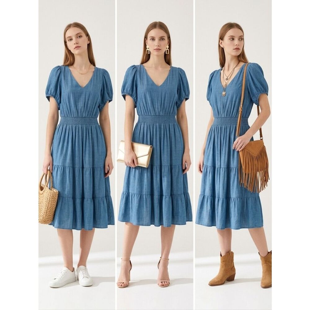 Light Blue Smocked-Waist Midi Dress with Puff Sleeves